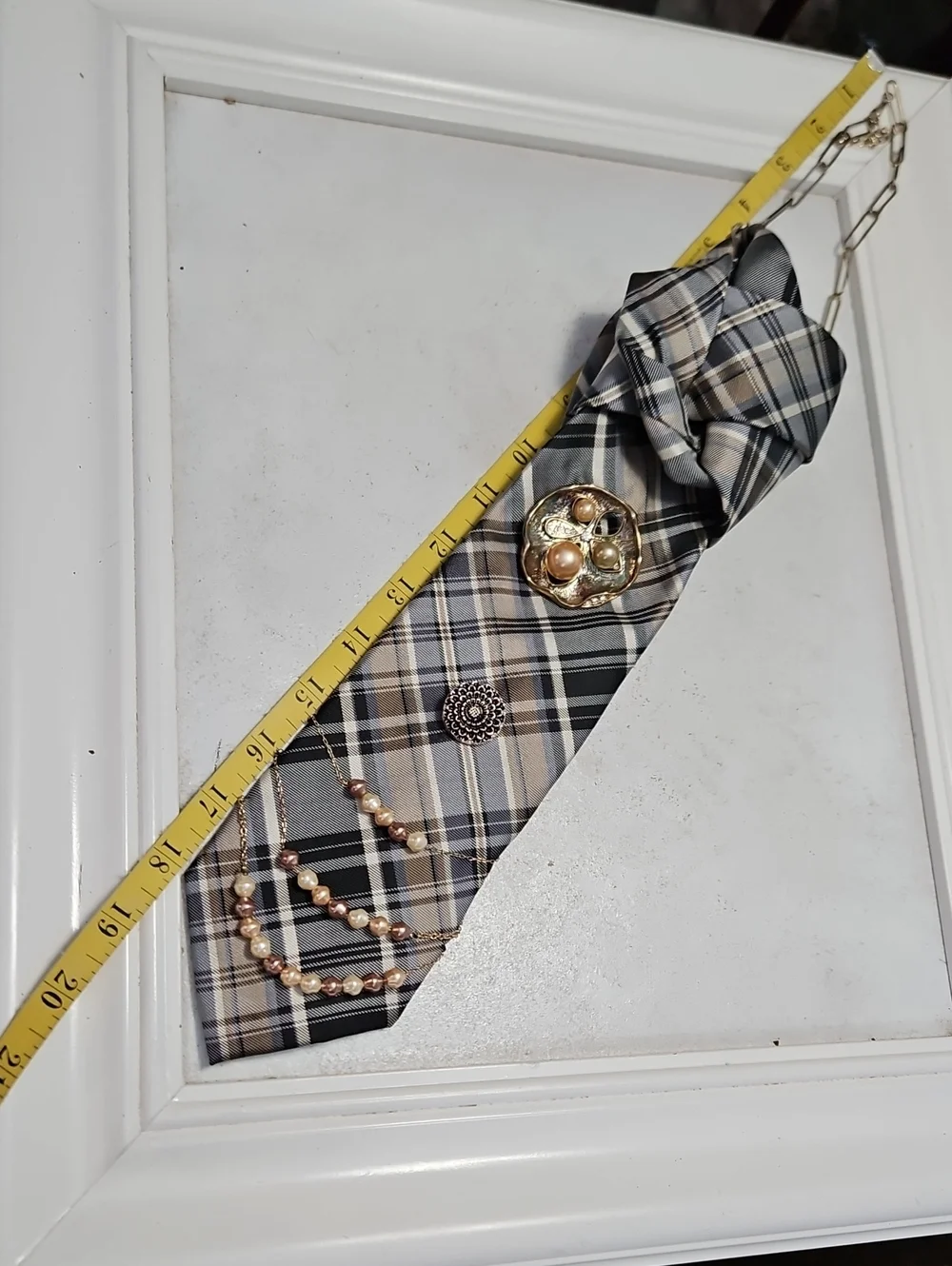 NWT Chaps Silk Blue Plaid Statement Tie Necklace With Faux Pearl Accents